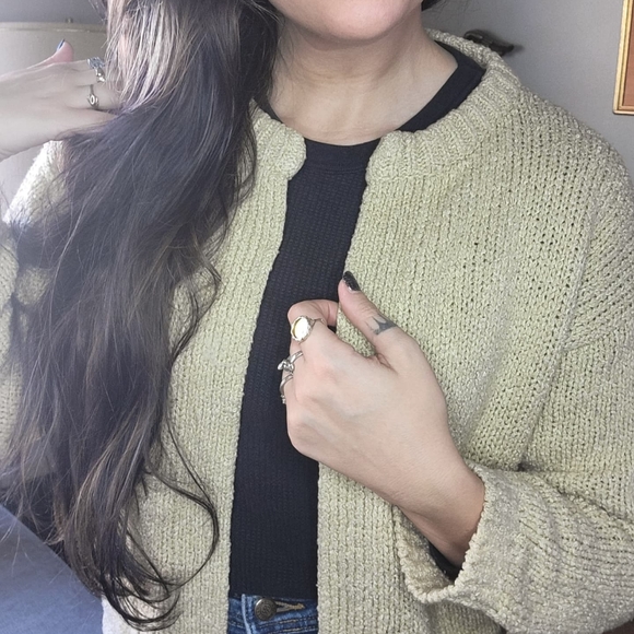 Vintage Boho Tan Knit Cardigan Large Womens 1970s 70s Open Sweater - Picture 8 of 10